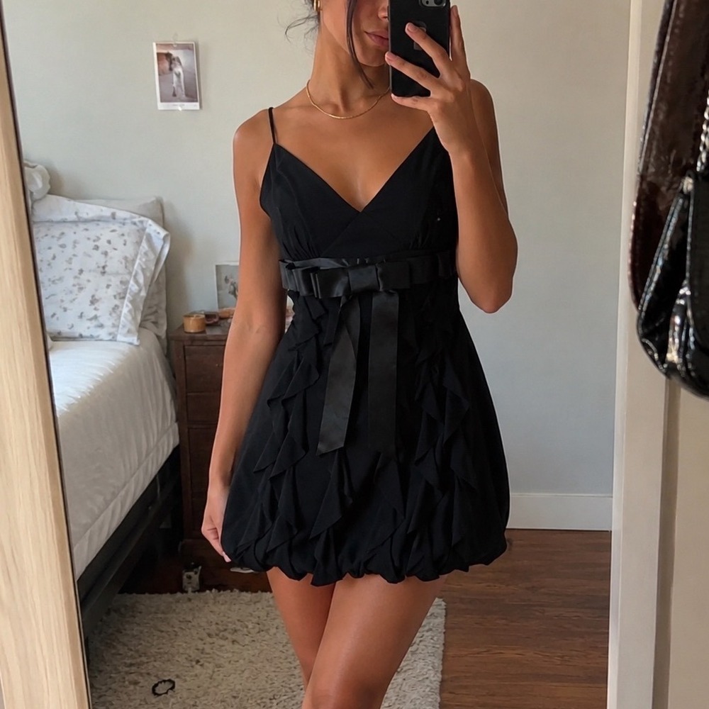 VTG y2k black‎ bouncy ruffle ribbon bow tie mini dress formal homecoming 6